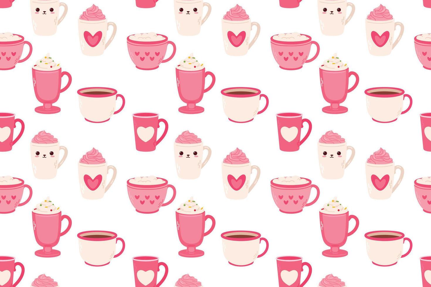 Seamless pattern with cute cups and mugs for valentines day. Flat illustration vector