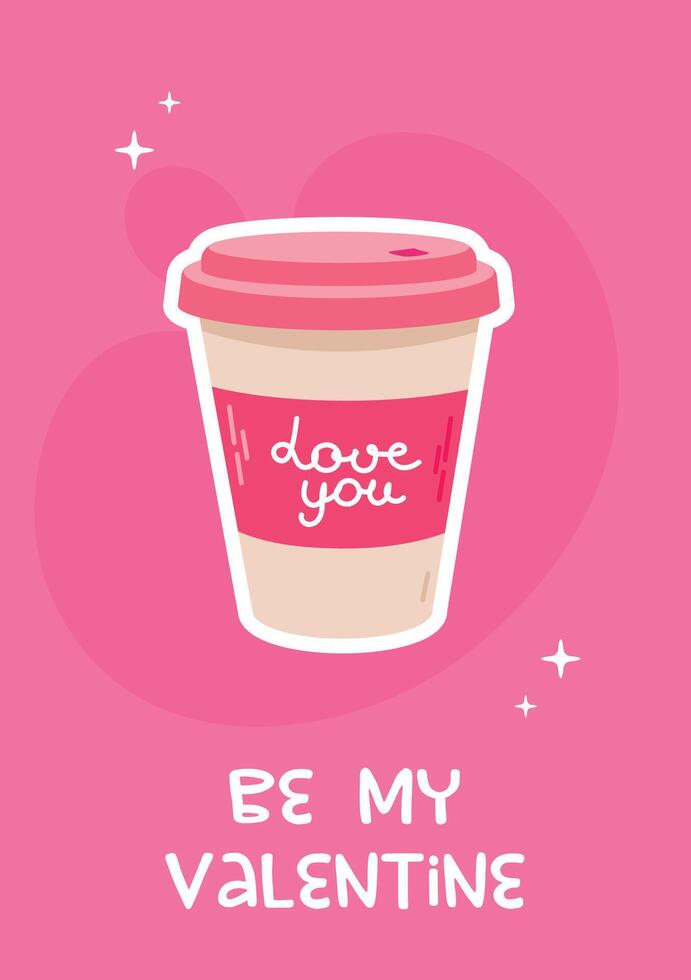 Cute Valentines day greeting card with decorated cup on pink background vector
