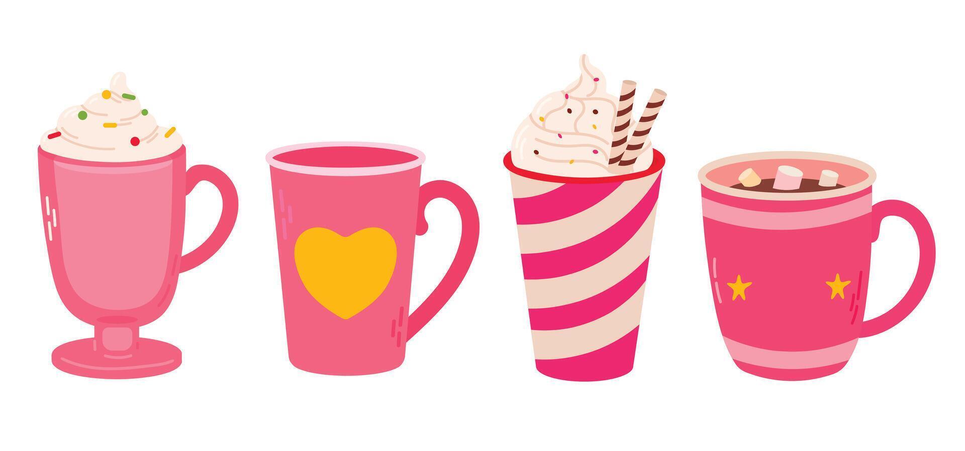 Various set of cute pink decorated cups and mugs for valentines day. Hot drinks. Flat illustration vector