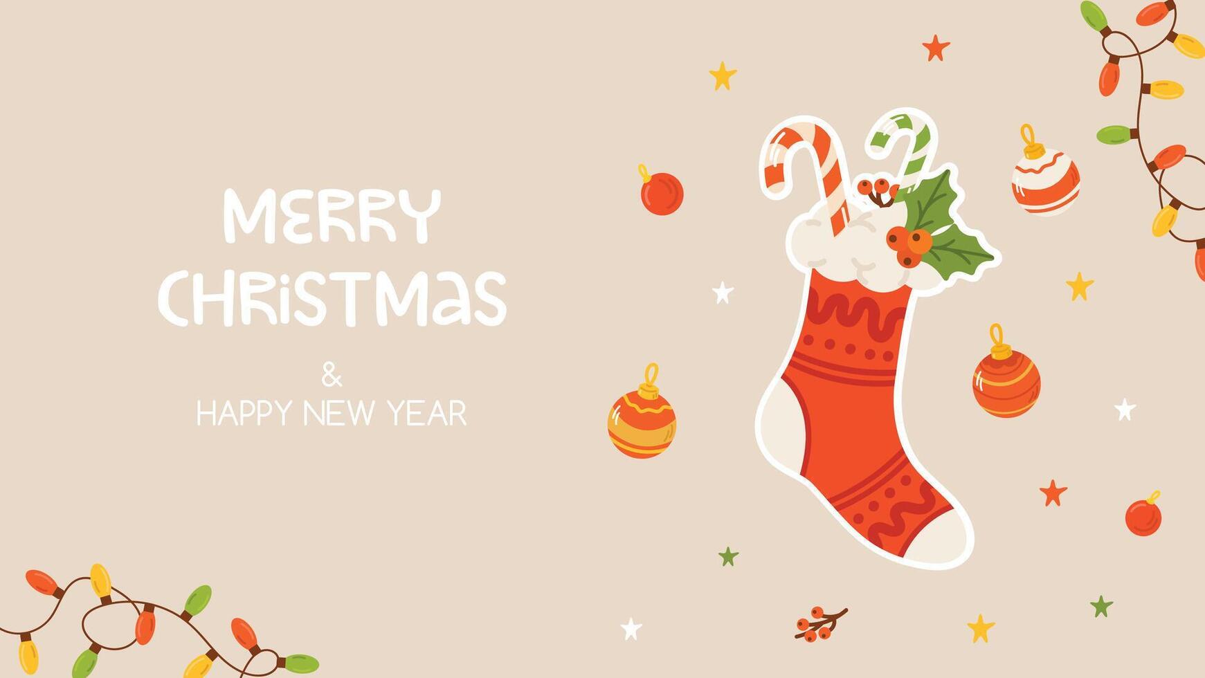 Merry Christmas and happy new year banner sock and candy vector