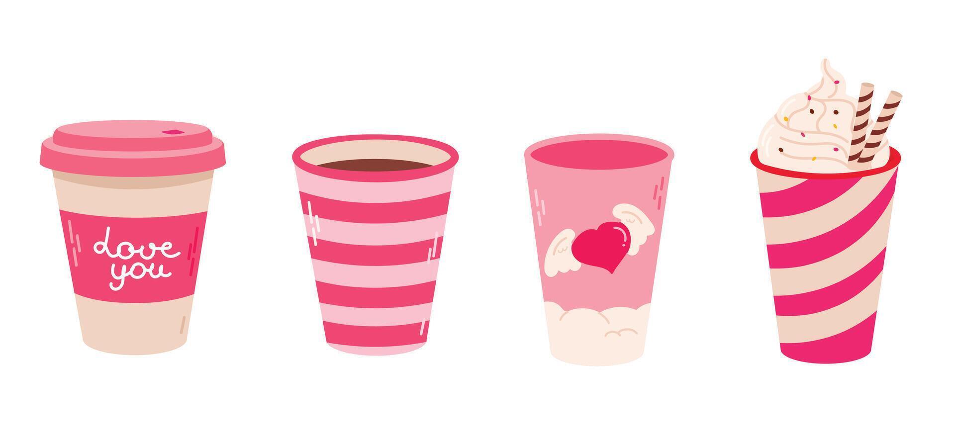 Various set of cute cups and mugs for valentines day. Hot drinks. Flat illustration vector