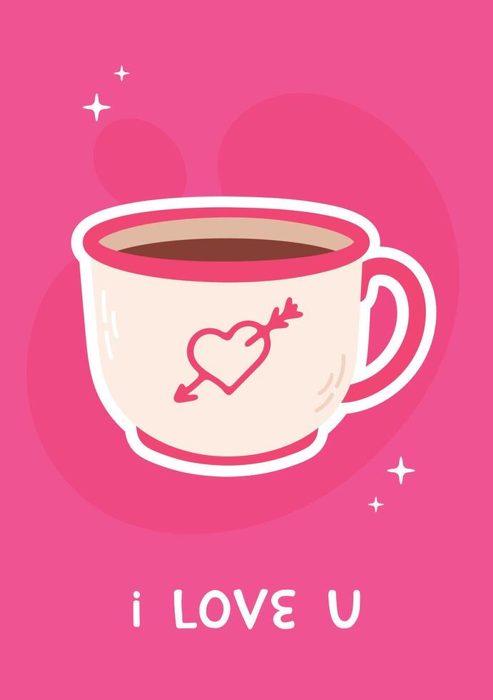Valentines day greeting card with decorated cup on pink background vector
