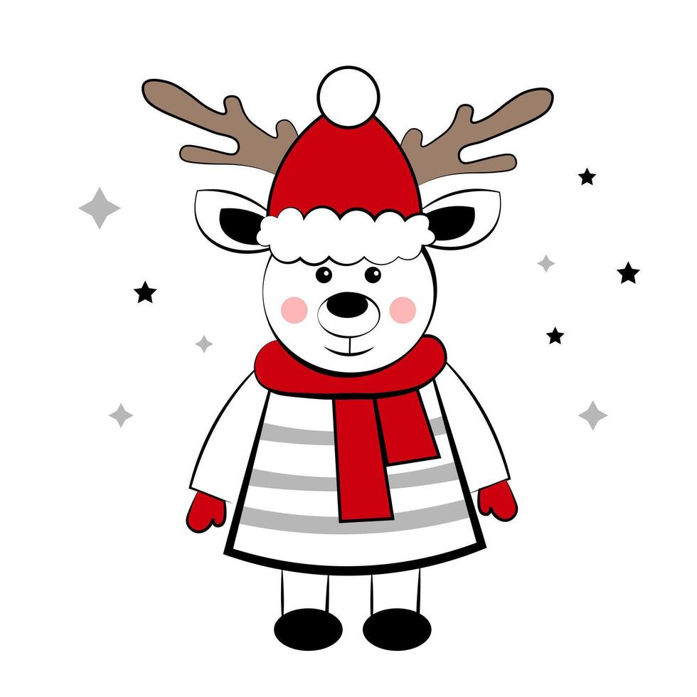 Cute deer in doodle style on a white background. New Year's Card vector
