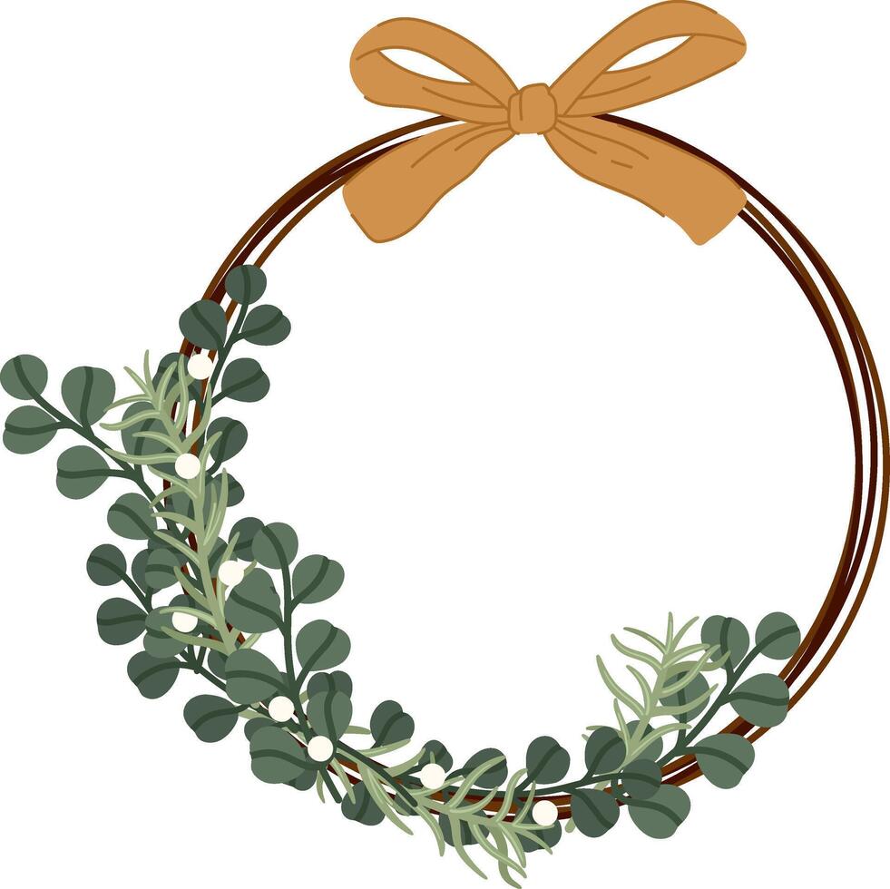 Botanical Wreath with Eucalyptus Branches and Gold Bow Illustration vector