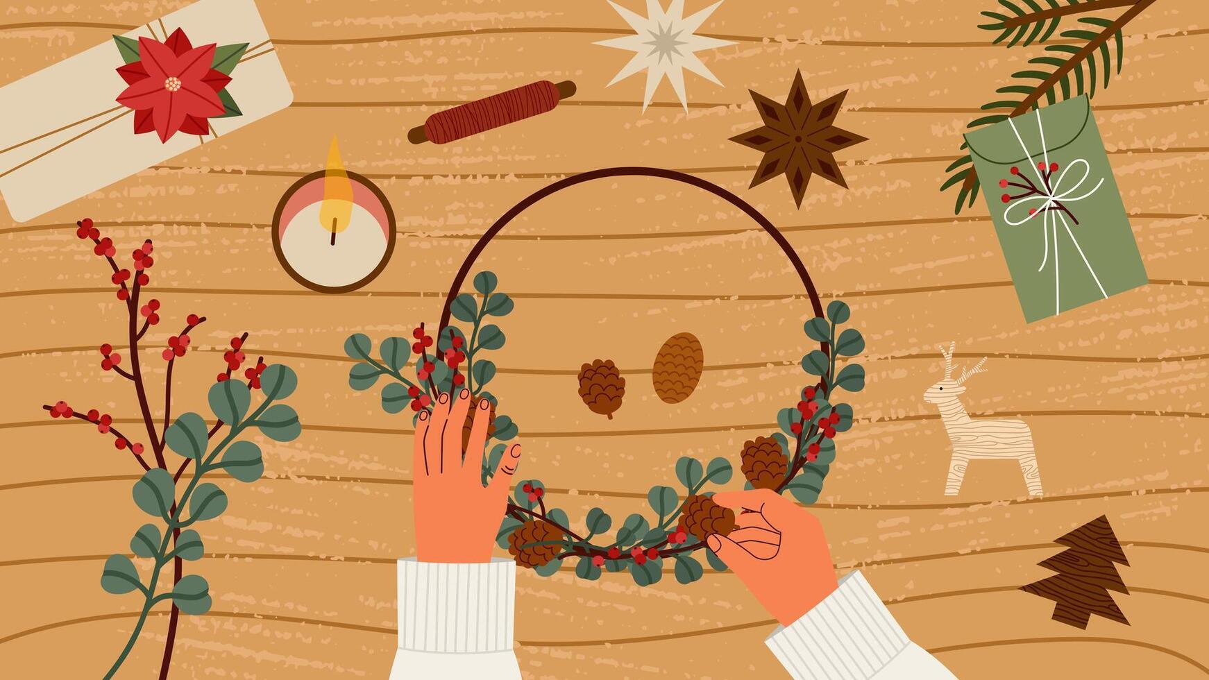 Woman making natural wreath top view vector