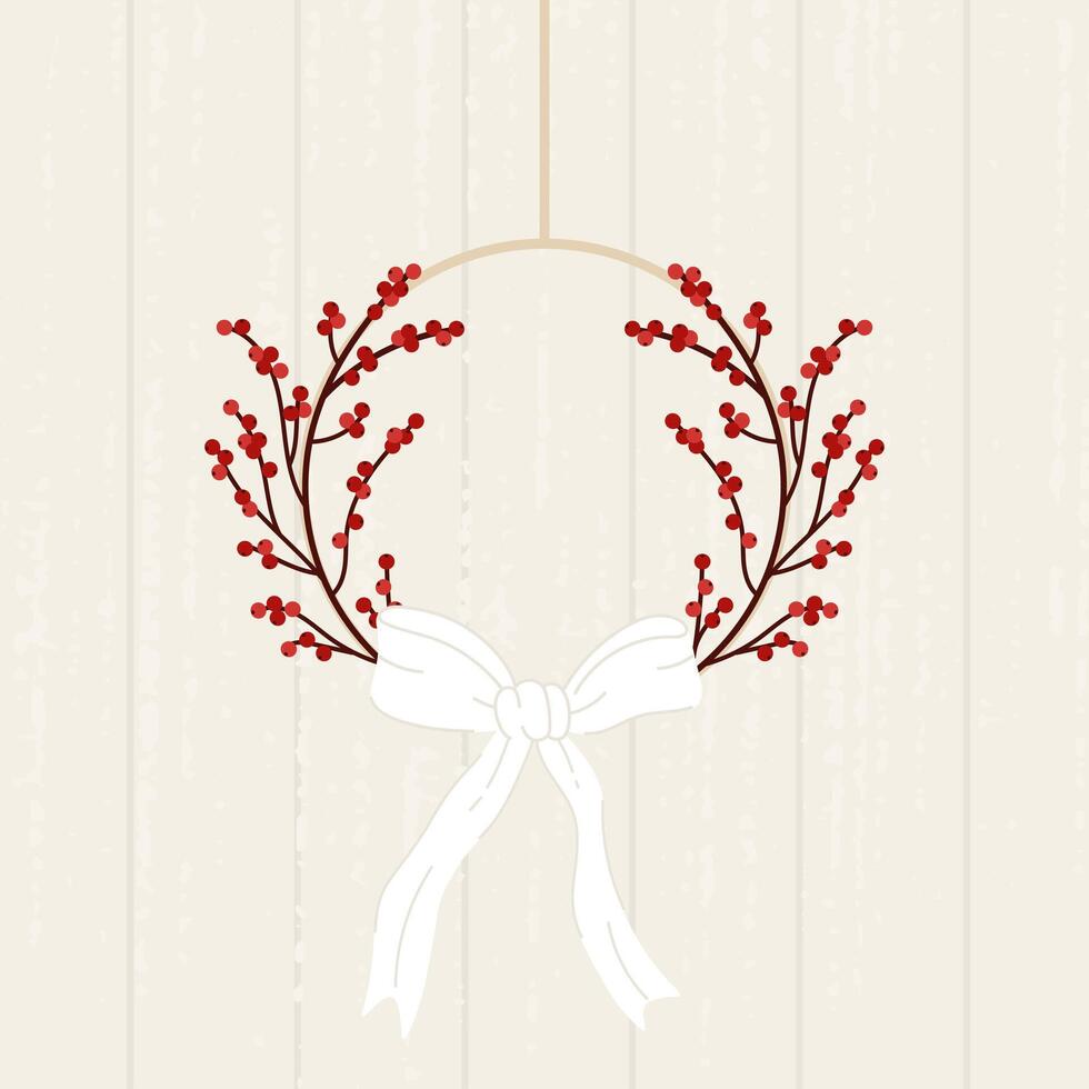 Wreath of rowan branches and white bow. Illustration vector