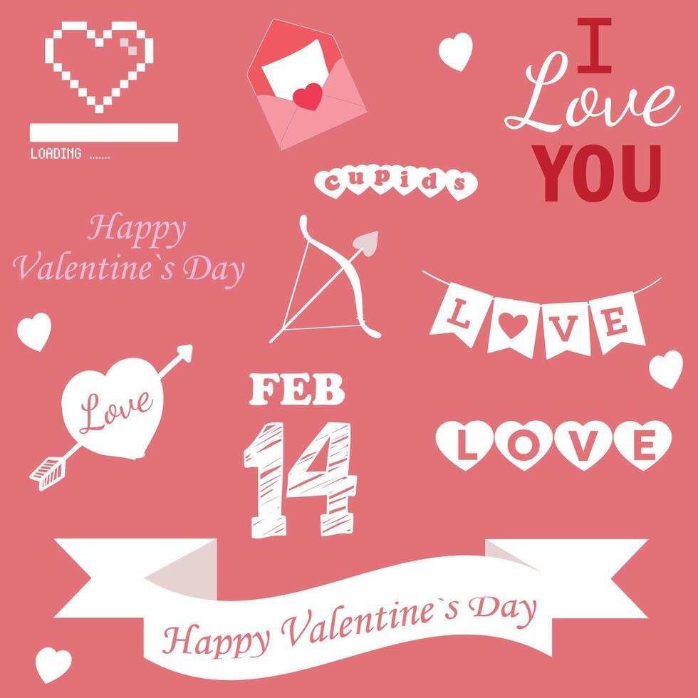 Valentines day label collection. Valentines day graphic design elements with hearts, text, and symbols on a pink background. Set of hearts, romantic lettering, phrases for card, social media, message vector