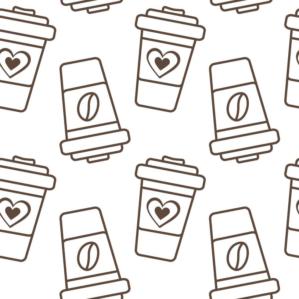 Outline disposable cups with coffee bean and heart on label Seamless Pattern. Coffee background idea. Isolated illustration Thematic or greeting cards, Wallpaper, leaflets, banner or web promo vector