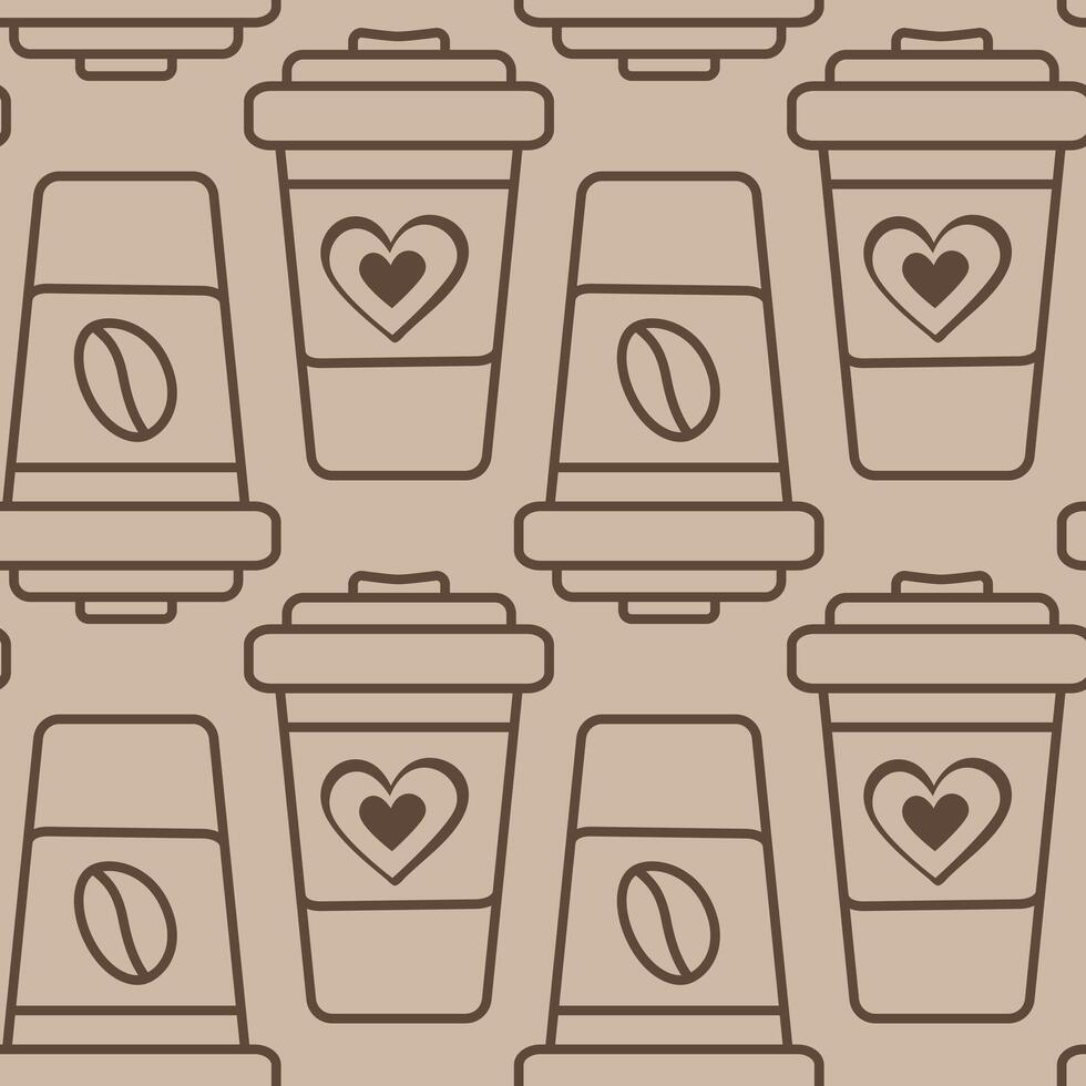 Outline disposable cups with grain and heart on label Seamless Pattern in trendy monochrome brown. Isolated illustration Coffee Day Thematic or greeting cards, Wallpaper, wrapping or web promo vector