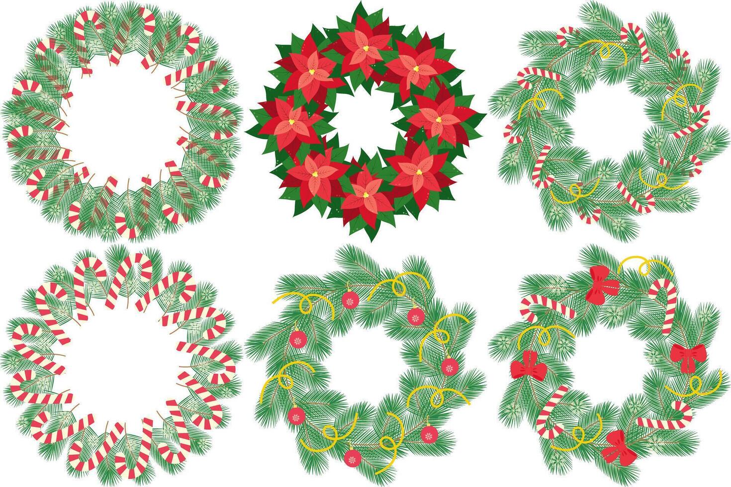 Christmas or New Year decorated evergreen twig and Poinsettia wreaths. Circle frames Set 6 Template. Copy space Isolated illustration Lettering, Greeting card, leaflet, banner, tag or web promo vector