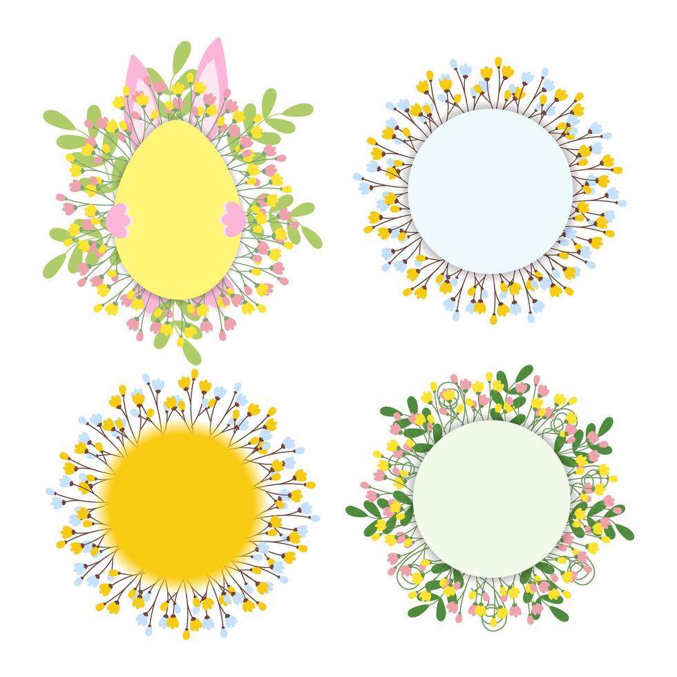 Round Floral frames and egg shape frame with Easter bunny hiding behind. Set 4 Copy space Template. Isolated illustration Easter greeting, Thematic Cards, posting, leaflet, banner or web promo vector