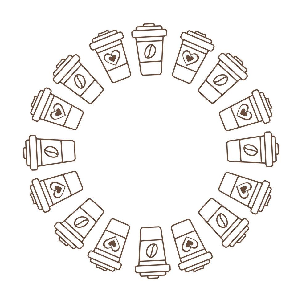 Outline Disposable cups with heart or coffee bean on label Circle Frame in trendy Minimalistic style. Copy space template Isolated illustration Thematic cards, leaflet, banner, tag or web promo vector
