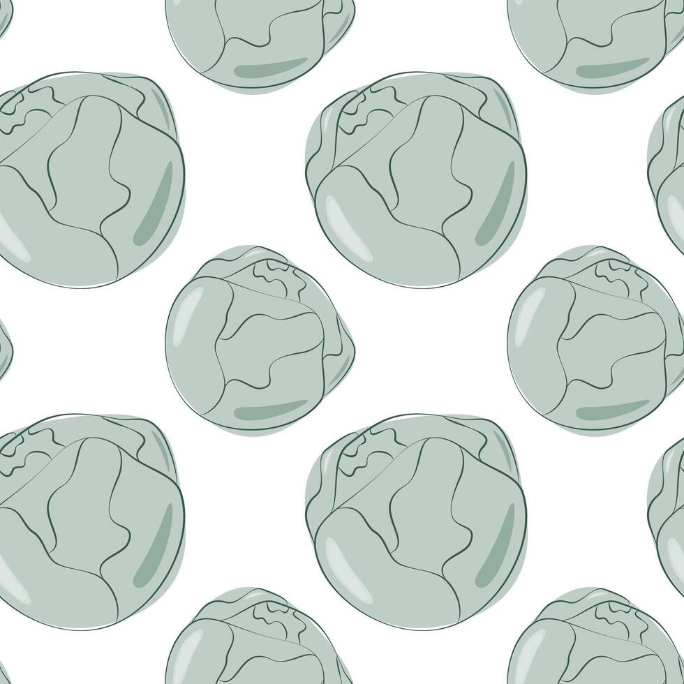 Brussels sprout heads Seamless pattern in trendy soft green. Healthy eating background Texture idea. Isolated illustration Wallpaper, wrapping or web promo, blogs, cards, leaflet, banner, label vector