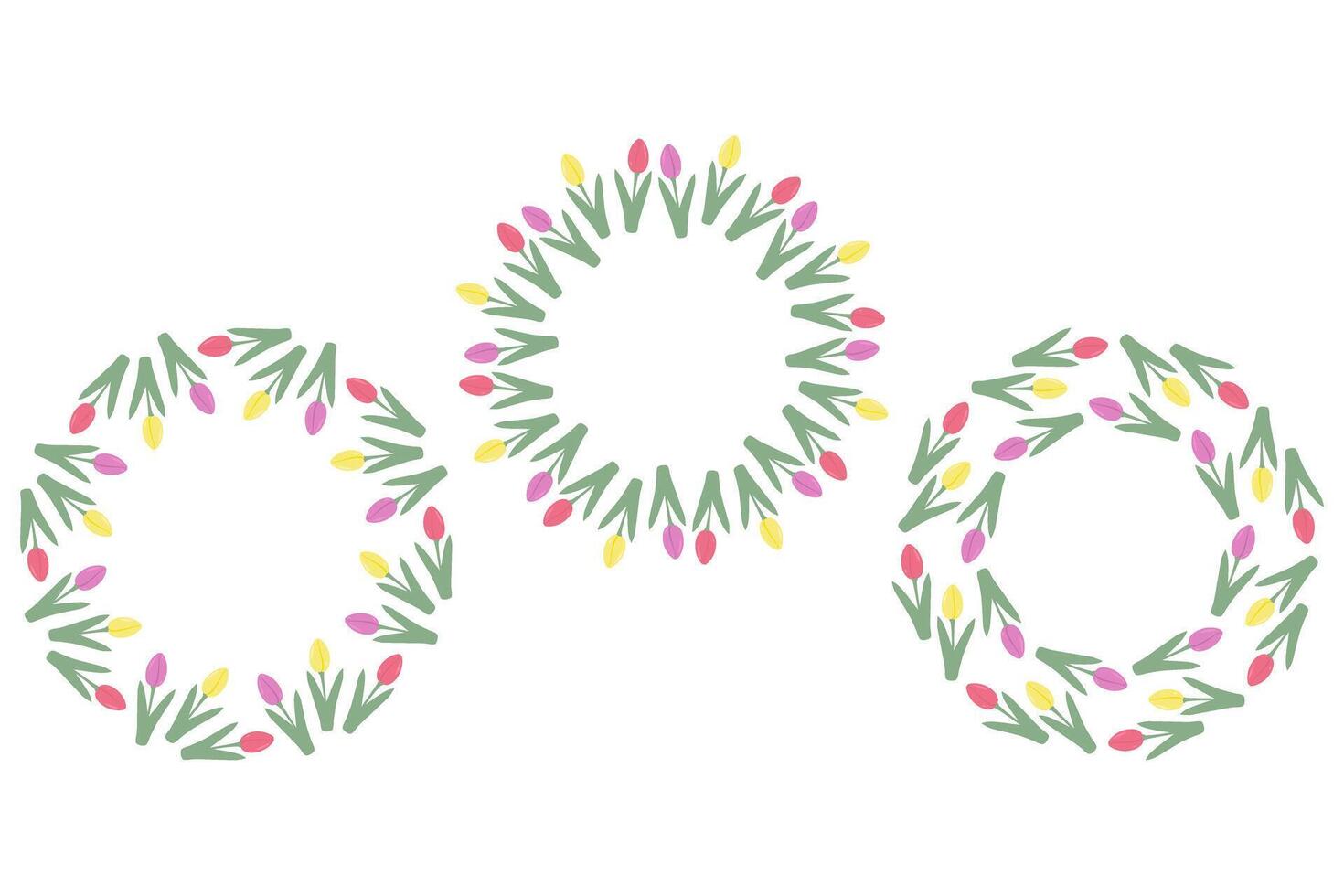 Colorful Tulips in trendy spring shades Circle Frames Copy space Greetings template concept Set of 3. Isolated illustration Thematic cards, blog, banner, leaflets, label, media post or web vector