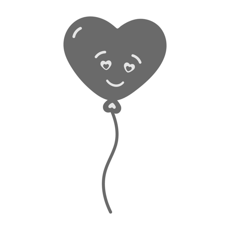 Heart shaped balloon with smiley face on rope in grayscale Black Day greeting design element concept. Isolated illustration Thematic cards, posting, blog or web promo, leaflet, price tag, label vector