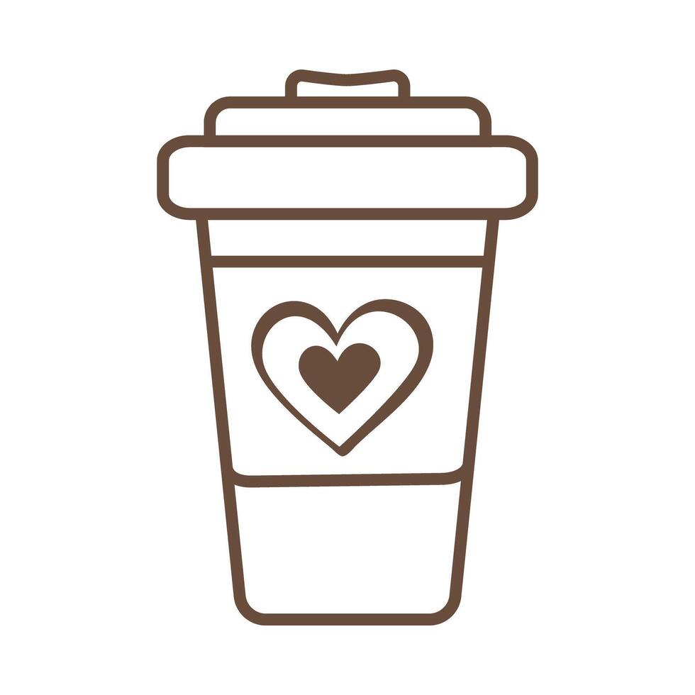 Outline Disposable coffee or tea cup with heart on label in Minimalistic style in trendy soft brown. Isolated illustration Thematic or greeting cards, leaflets, banners, tag, label or web promo vector