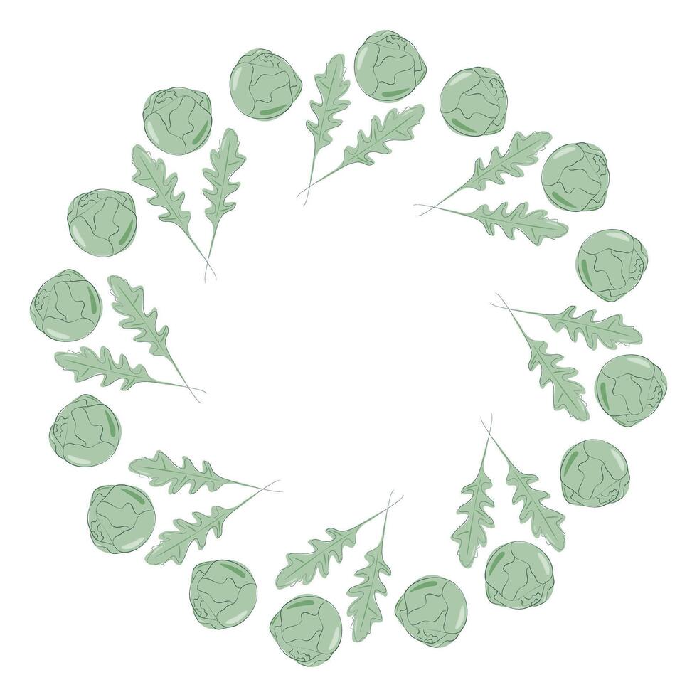 Arugula leaves and Brussels sprout heads Round Frame border in trendy soft green. Healthy Eating. Copy space Template Isolated illustration Thematic cards, poster, banner or web promo, leaflets vector