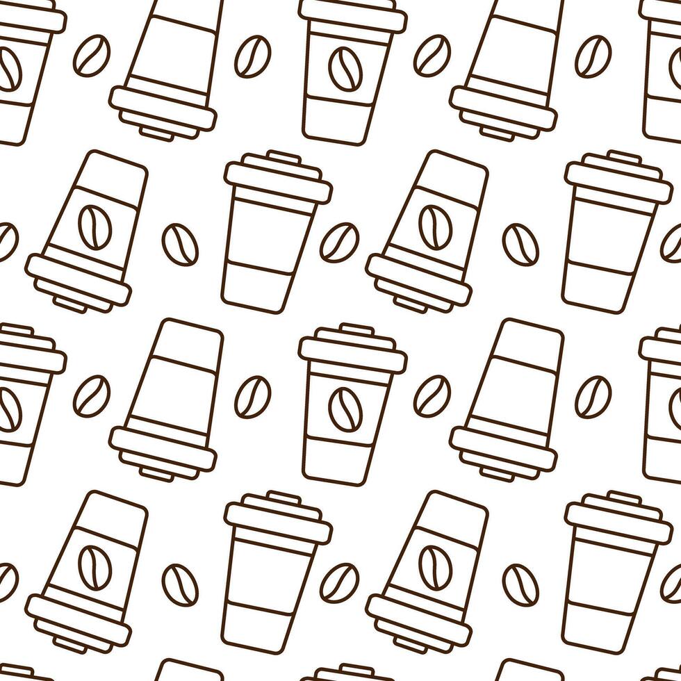 Outline Disposable coffee cups with lid and beans Seamless pattern in trendy minimalism. Coffee fond. Isolated illustration Wallpaper, wrapping or web promo, greeting cards leaflet, banner, tag vector