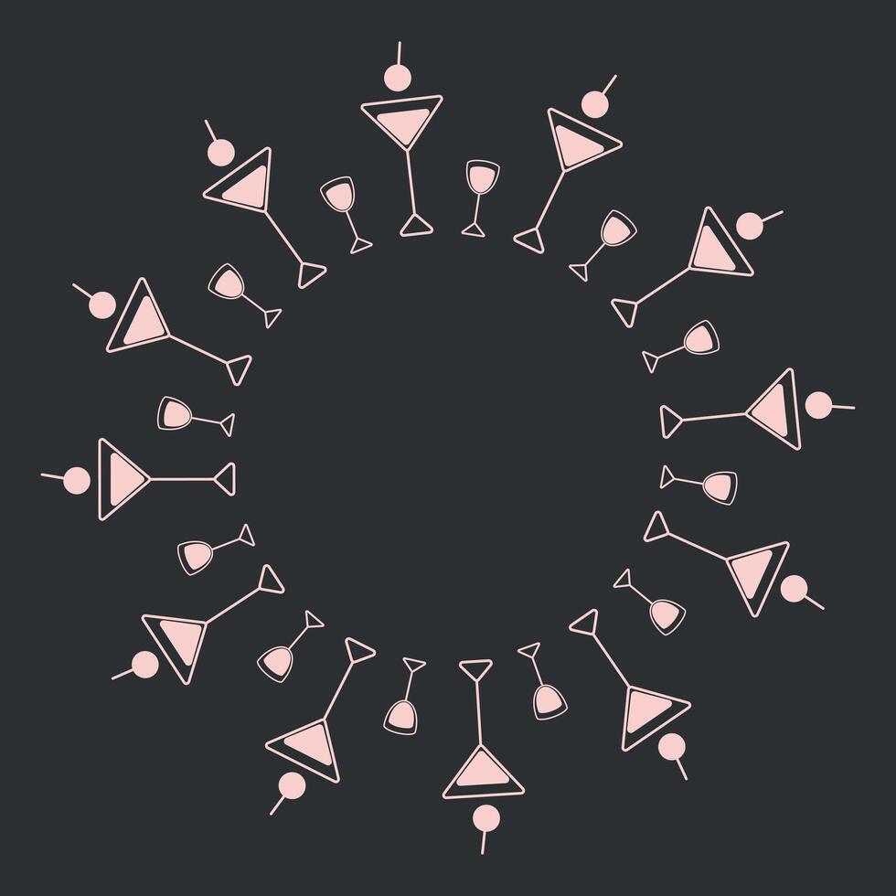 Cocktail goblet and Shot glasses Circle Frame in trendy minimalistic pale pink on dark background Copy space Template. Isolated illustration Thematic Cards, posting, blog, leaflet or web promo vector