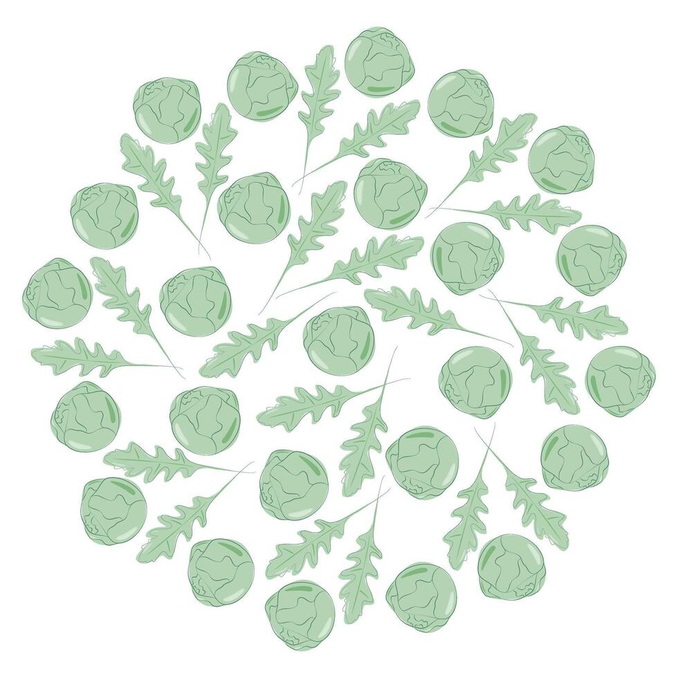 Brussels sprouts heads and Arugula leaves Circe Background Texture. Healthy Eating food fond concept. Isolated illustration Thematic card, poster, banner, leaflet, price tag, label or web promo vector