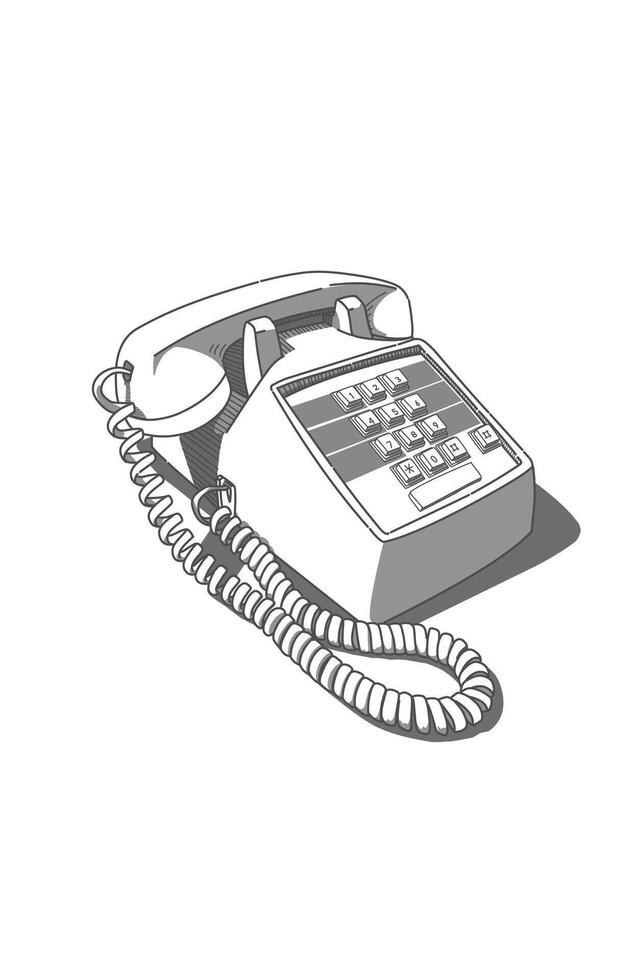 Black and white sketch of a retro landline telephone technology with dial number issolated on white and shadow vector