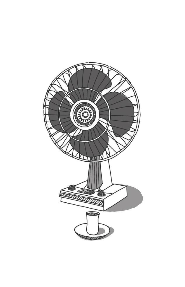 Black and white line art sketch of old simple electrical Fan object on white vector