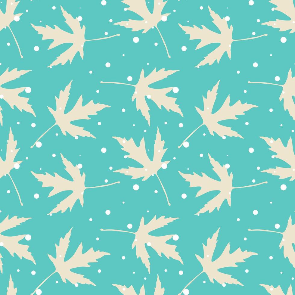 Cold bright blue winter pattern with frozen leaves and snowflakes. vector