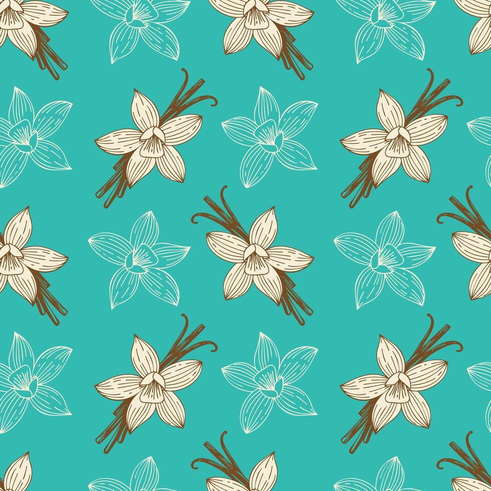 Pattern with aromatic spices Vanilla, pattern with flowers and vanilla sticks on bright blue background. vector
