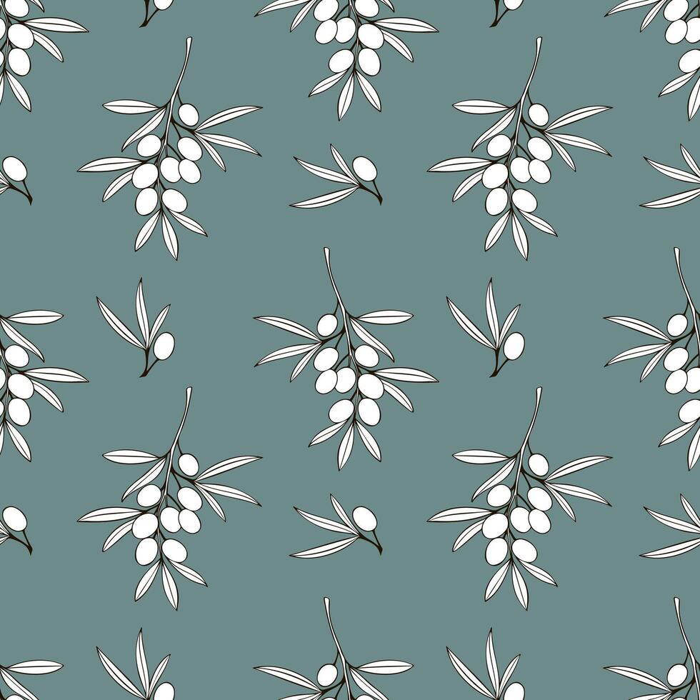 Italian fruit pattern, contour drawing of an olive branch, on calm soft background. vector