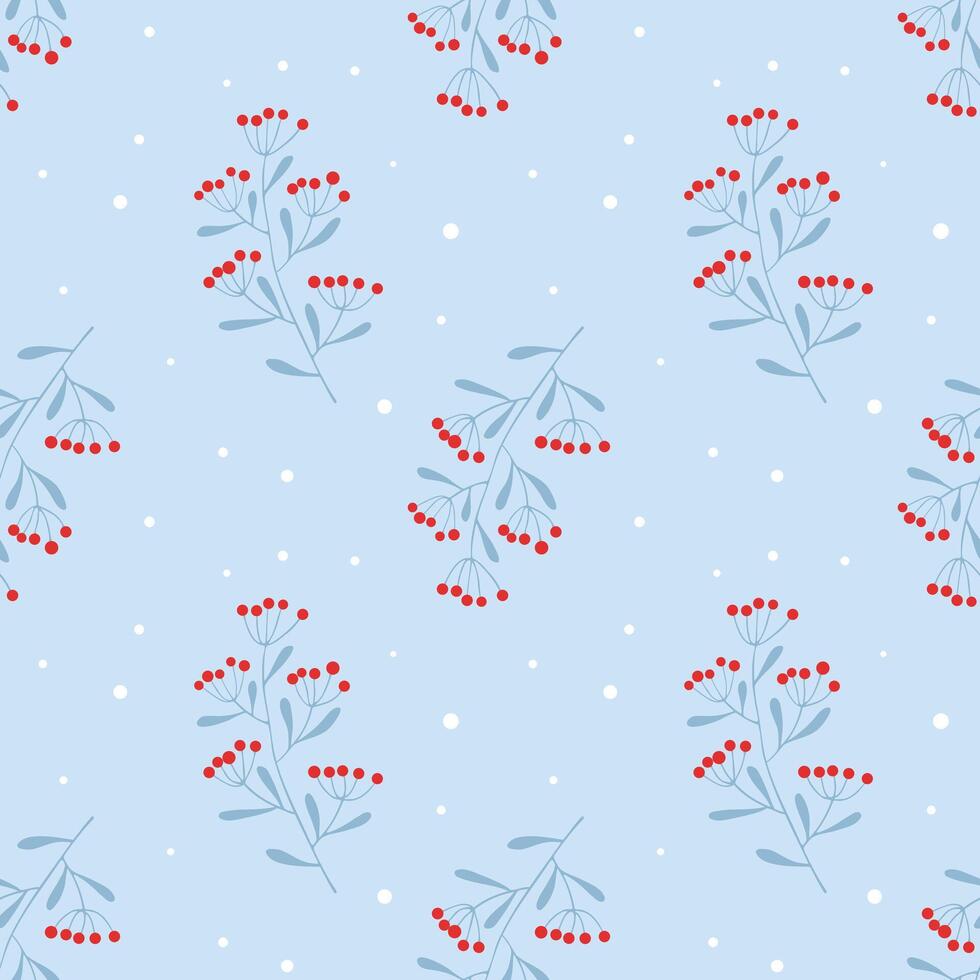 Winter cold pattern with branches and snow, blue twigs with red berries on blue background. vector