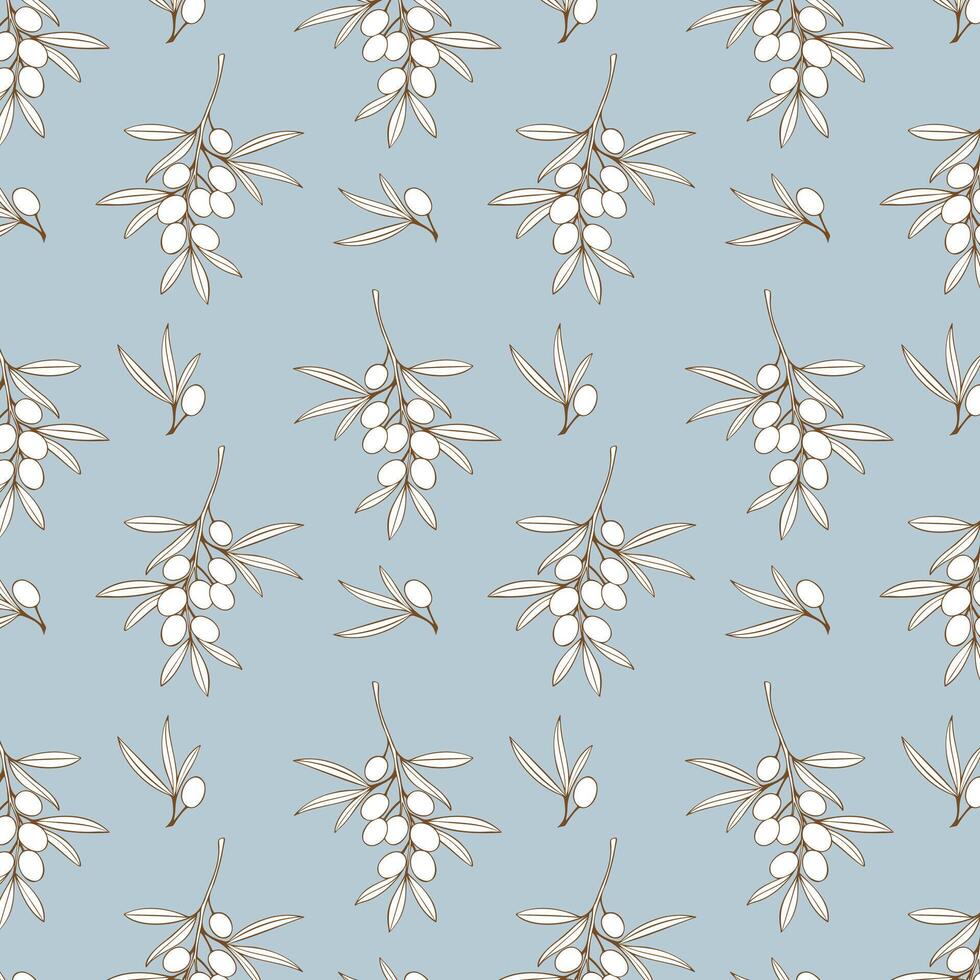 Olive white branches pattern on blue pastel soft background. vector