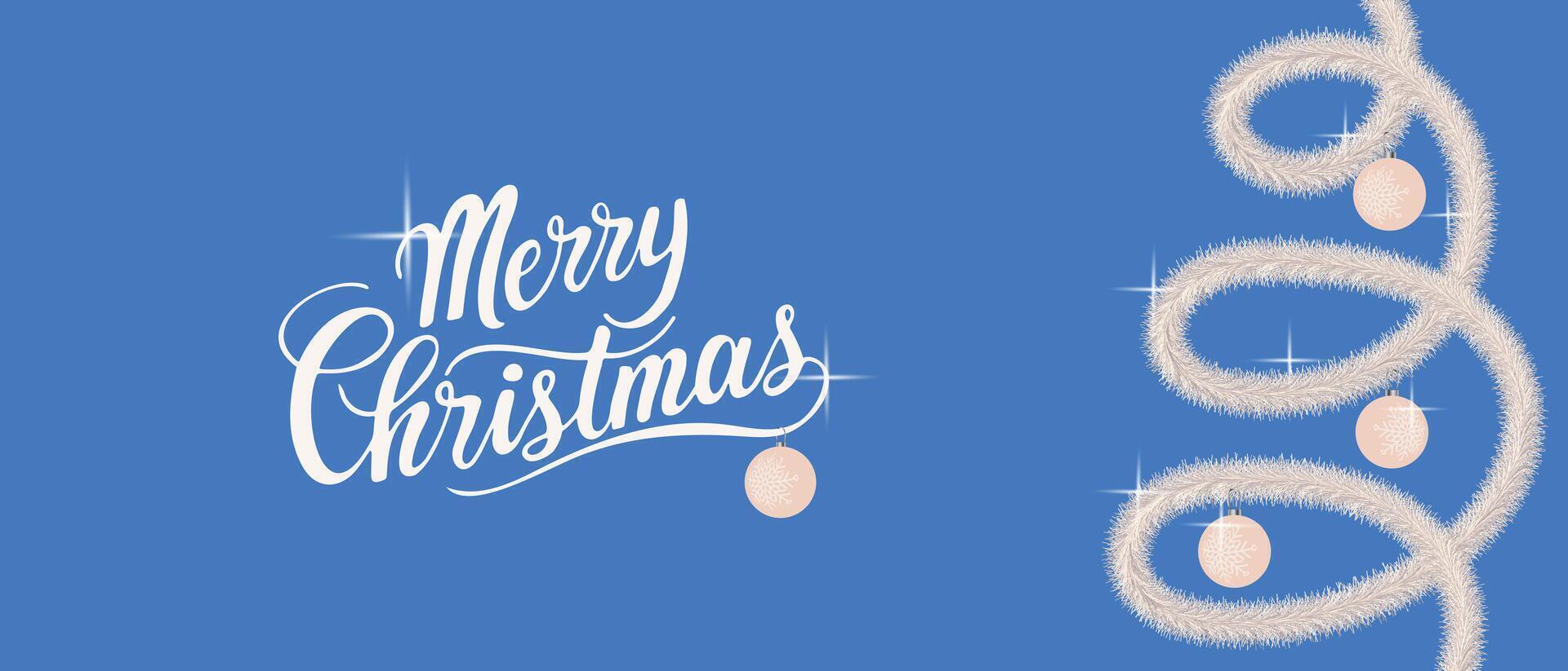 Merry Christmas card on bright blue background with sparkling tinsel and New Year tree decorations. Festive horizontal greeting. vector