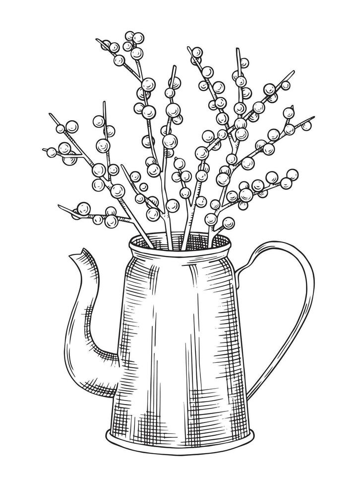bouquet of Christmas branches in a vintage jug. illustration in sketch style. christmas core vector