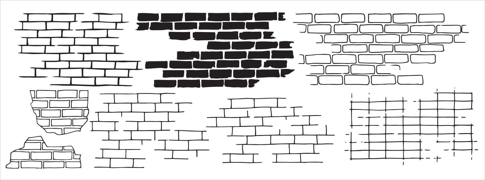 set of brick and stone wall textures, linear drawing in doodle style. vector