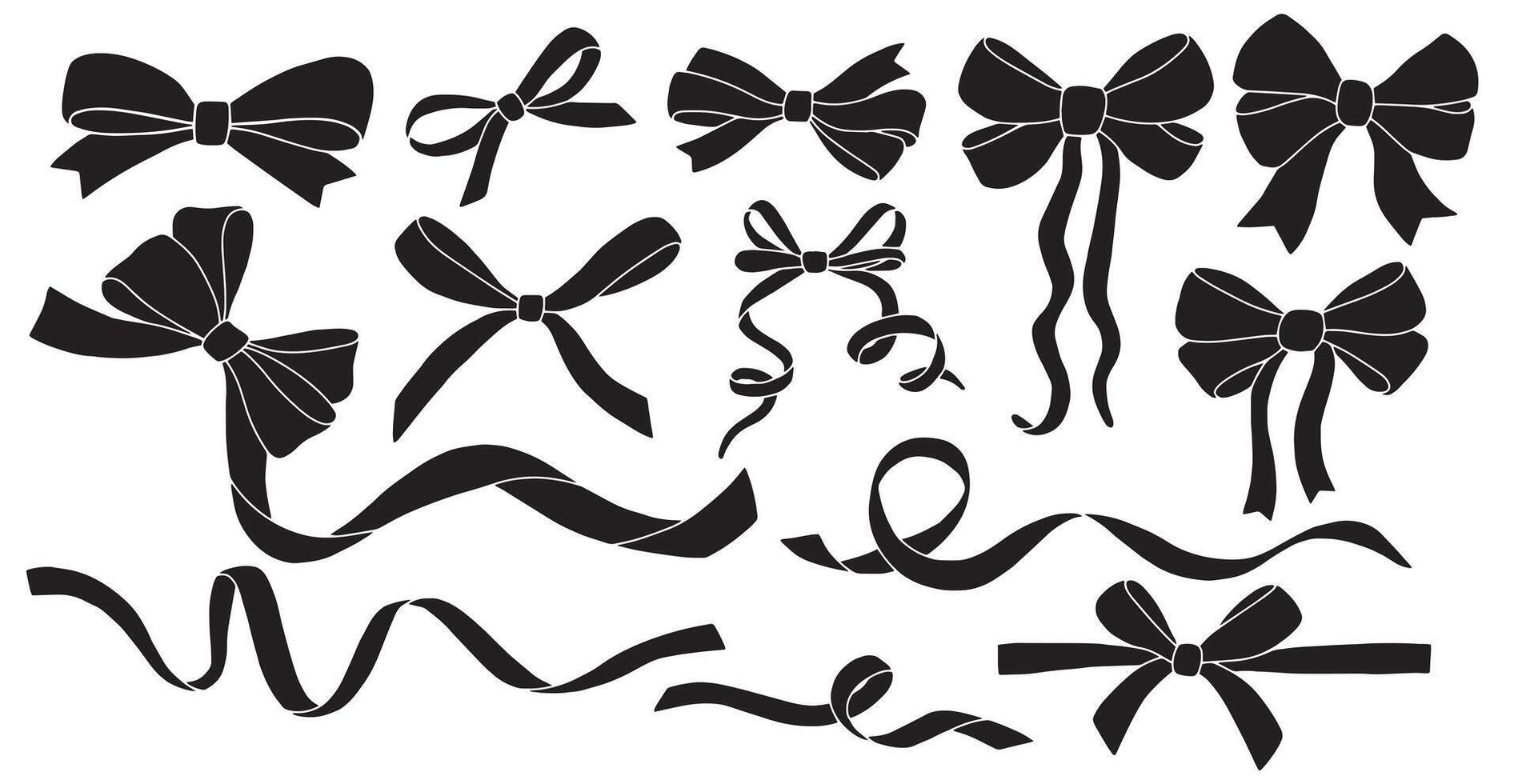 set of illustrations silhouette bows, silk ribbon. symbol of the fight against cancer, femininity vector