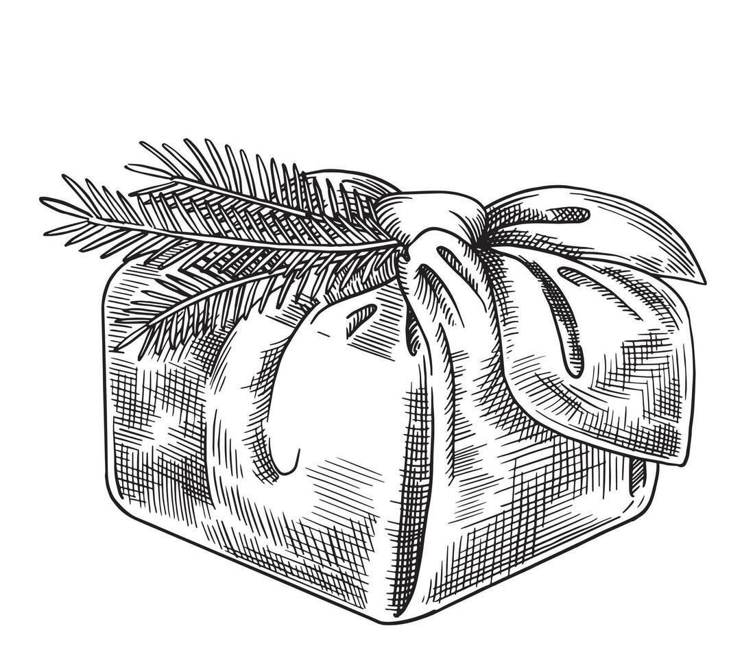 Christmas gift in eco-friendly fabric packaging. illustration in sketch style. christmas core vector