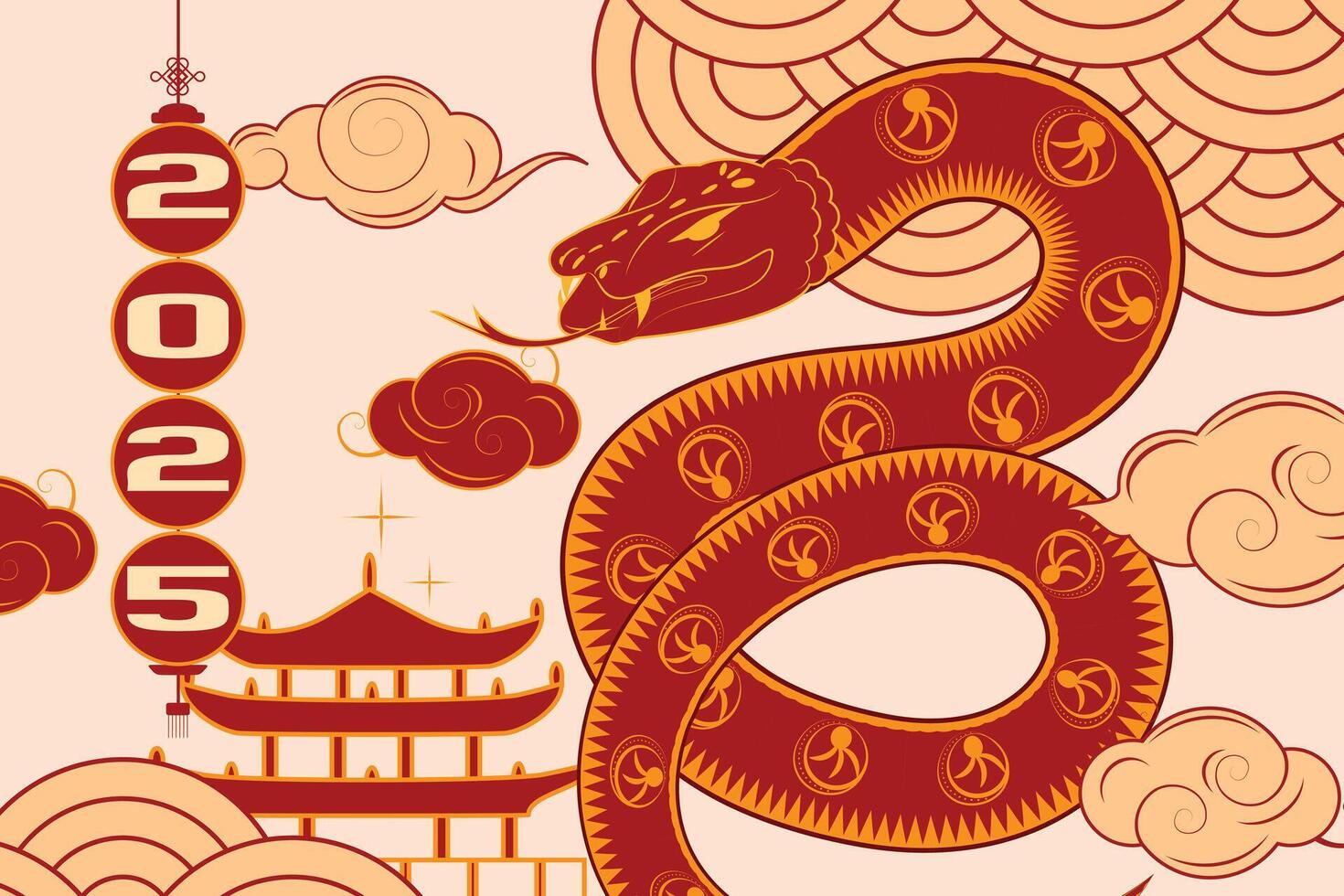Elegant 2025 New Year design with wave pattern, palace, and festive elements in traditional Chinese style vector