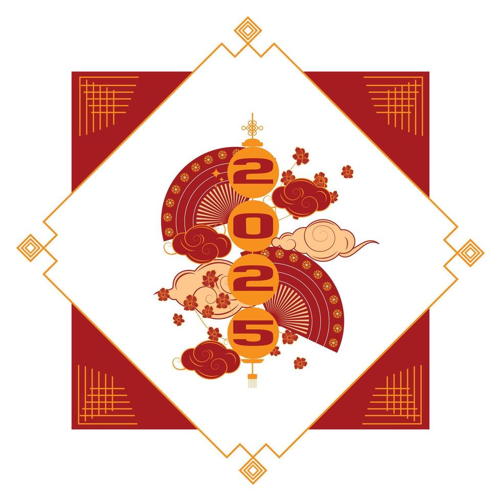 Year of Snake 2025 design with a lantern, clouds, and fans in red and gold flat outline style vector