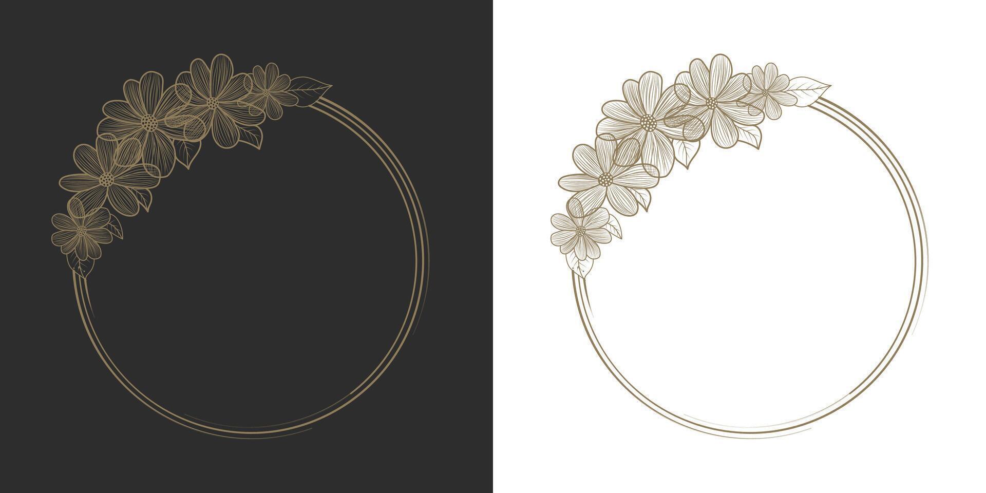Hand-painted botanical floral elements in a linear style with a round frame. Flowers and leaves. for labels, logos, corporate identity, wedding invitations, wreaths, frames, borders. vector