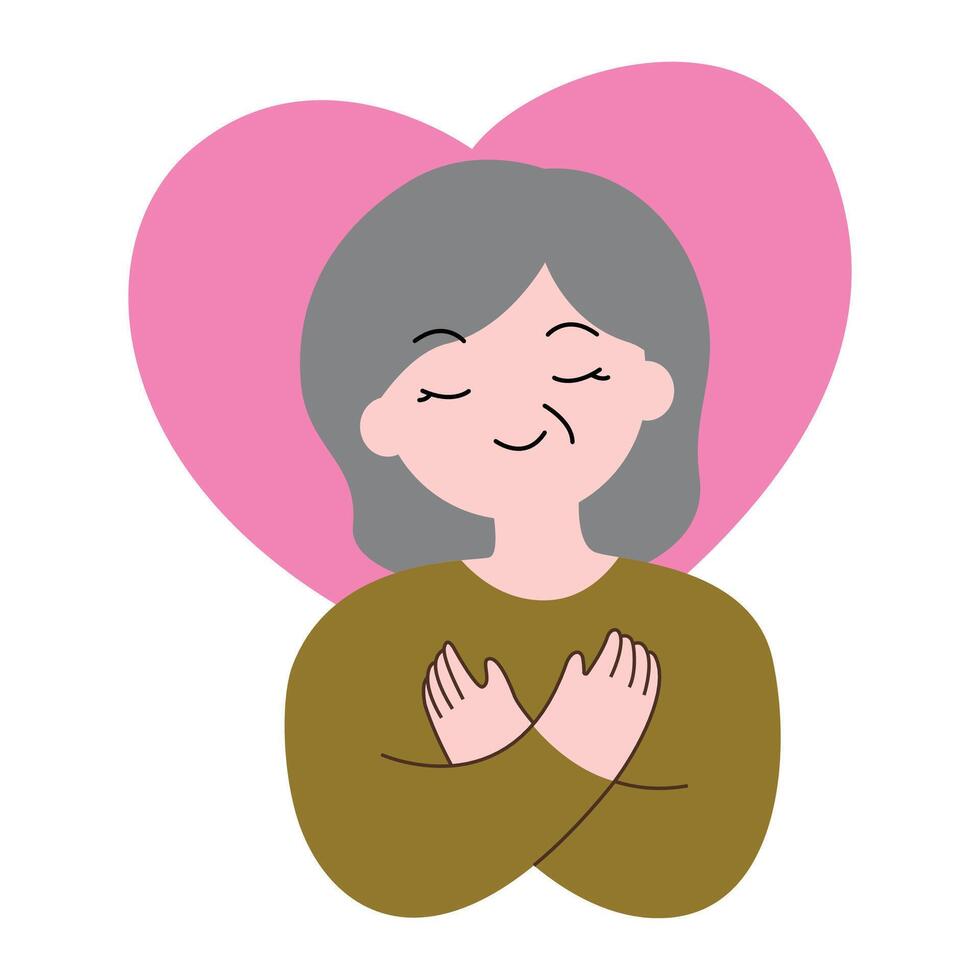 Old woman or Senior woman hug herself cartoon. Mental health and love yourself concept for medical, healthy and illustration vector