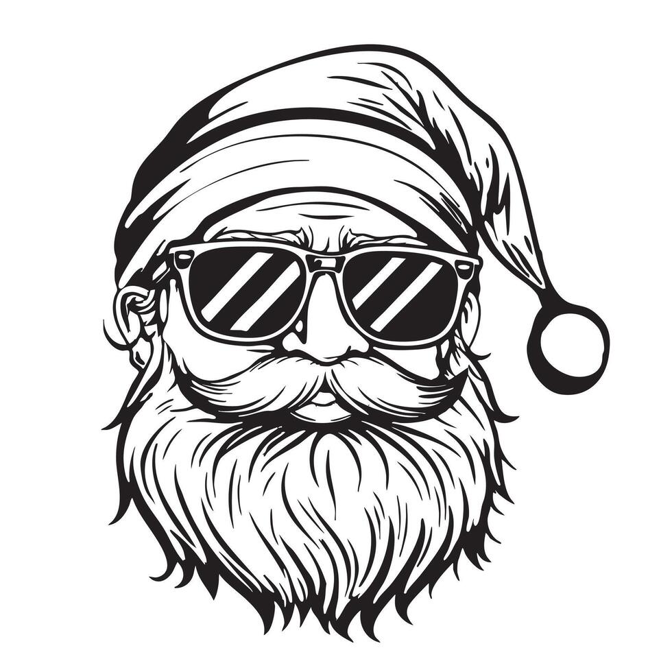 Jolly Santa Claus face in sunglasses . Sketch vector