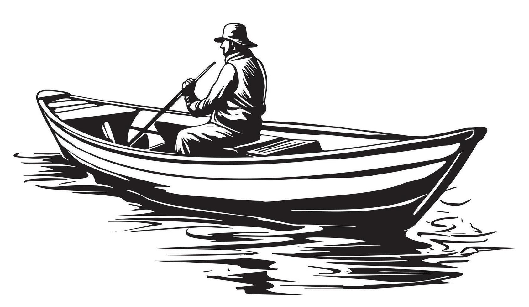 A fisherman with a fishing rod in the boat. Waves and Reflection. Sketch. Outline hand drawing. Isolated object on white background. vector