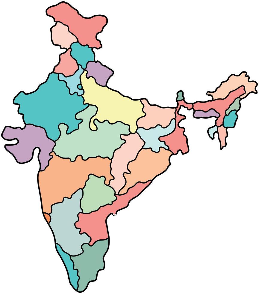 Indian Map , Color map of Indian states, India illustration, drawing, India states and union territories map, outline map , states and union territories of India vector