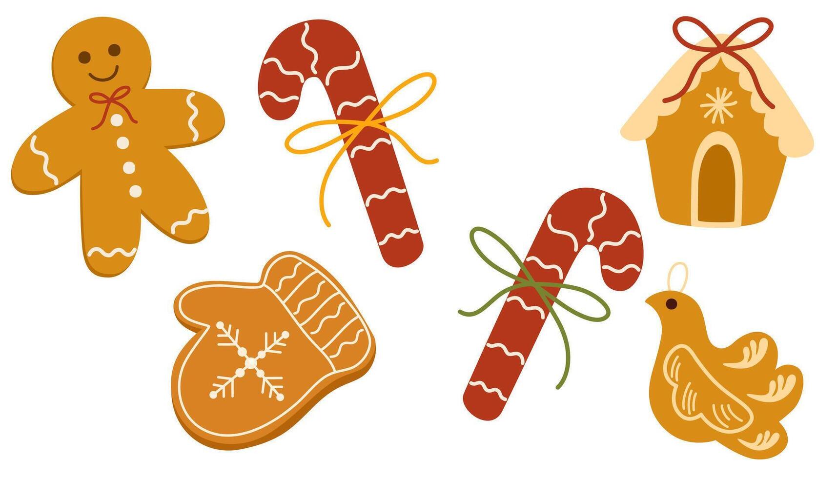 Christmas gingerbread, cookies set. Xmas ginger bread, bakery, candy canes. Winter holiday sweet with sugar icing. Festive traditional biscuits. Flat illustrations isolated on white background vector