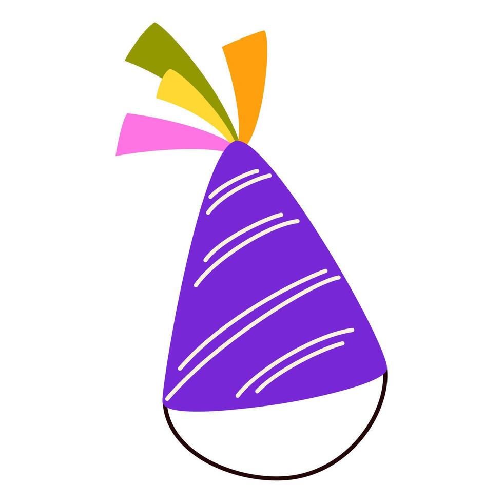 Birthday party hat, cone cap, festive pointy headwear for celebrations. Funny paper head wear with strap, costume accessory, decoration. Childish flat illustration isolated on white background vector