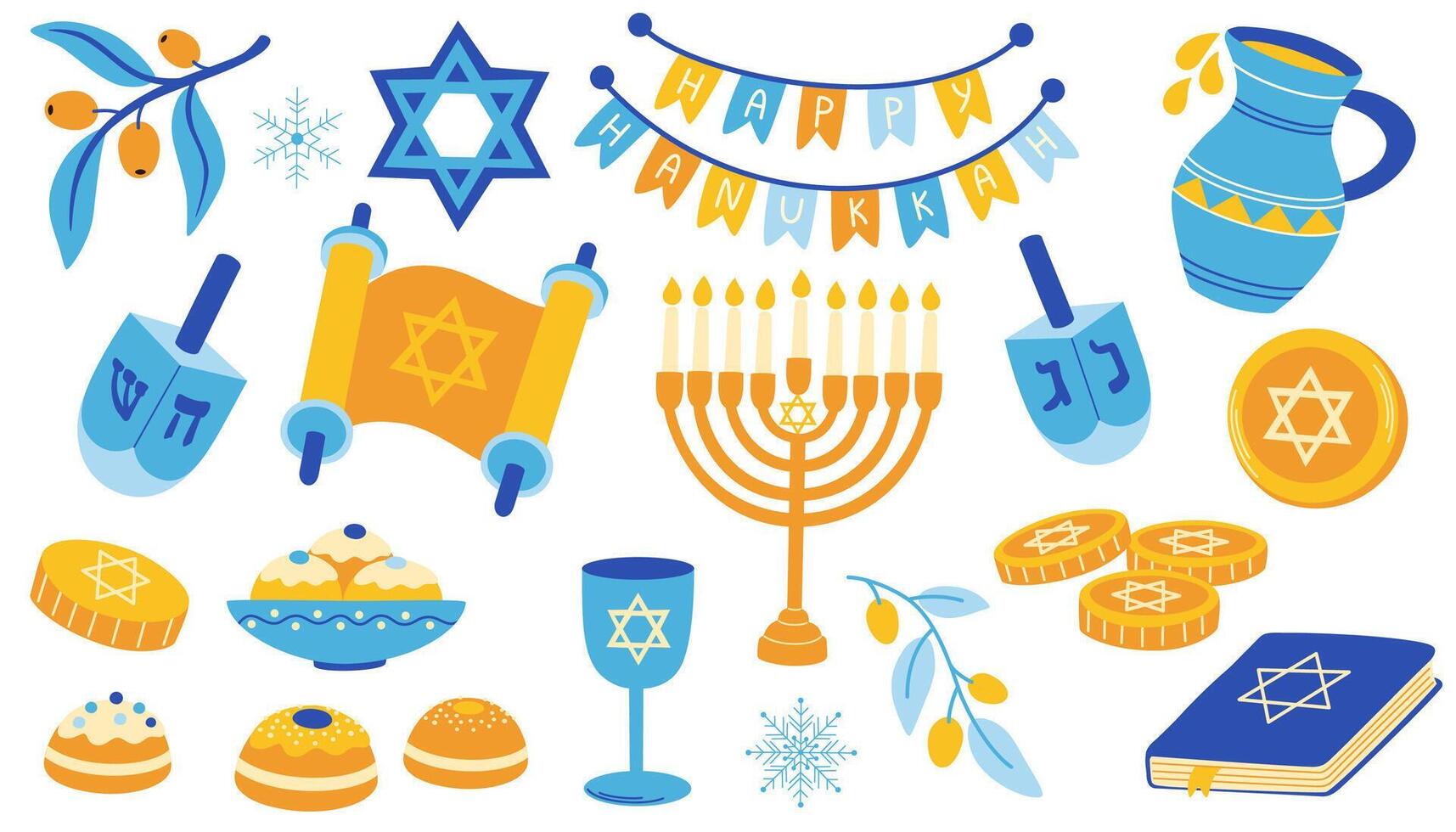Happy Hanukkah holiday set. Symbols and attributes, menorah, sufganiyah doughnuts, olive branch, flying dove, dreidels. Flat illustrations isolated on white background vector