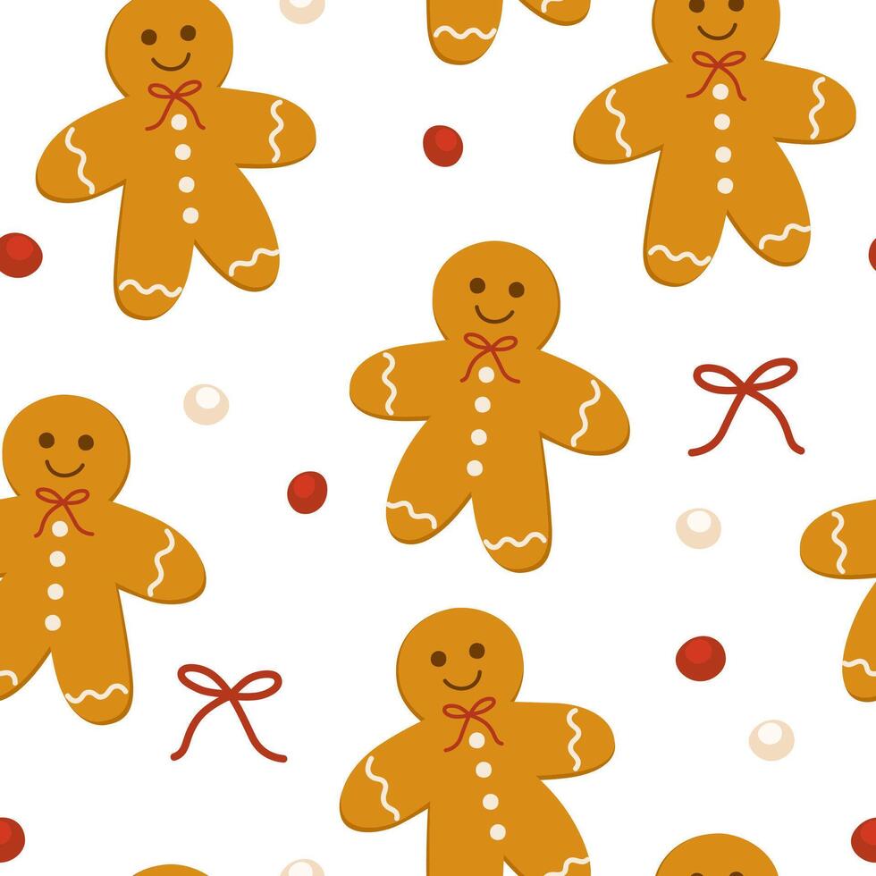 Gingerbread man seamless pattern. Christmas cookies, ginger biscuits, candies, Xmas sweets, spices background. Winter holiday bakery and treats, repeating print. Colored flat illustration vector