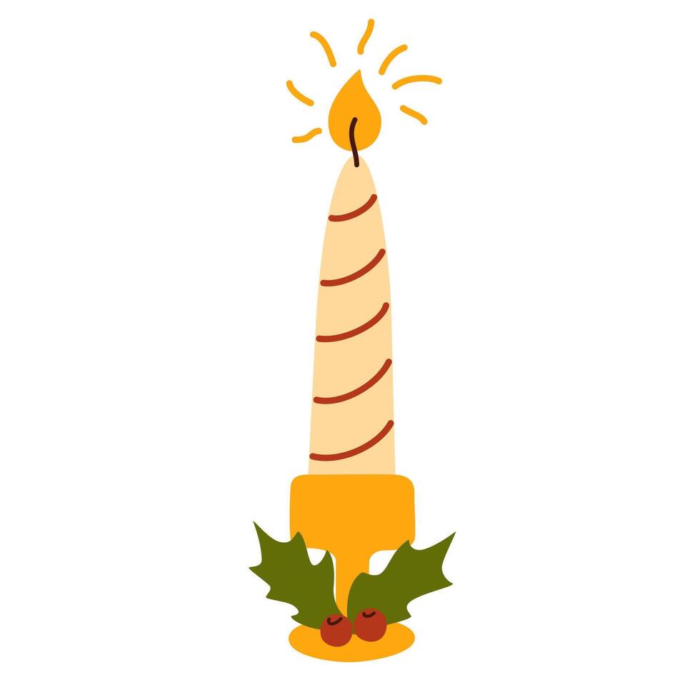 Pillar cylinder candle in candlestick, holder. Unlit wax pole, tall pillar in candle holder. Cozy home decoration, romantic decor. Flat illustration isolated on white background vector