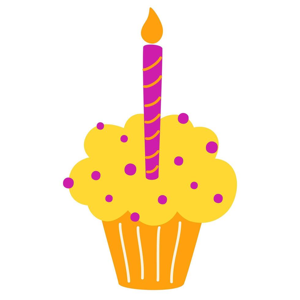 Birthday cupcake with candle. Dessert with cream and sponge, cut piece with berries and candle. Sweet pastry, confectionery. Flat illustration isolated on white background vector