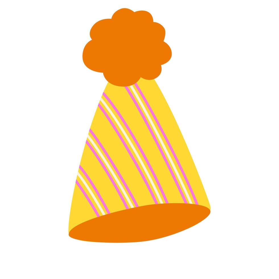 Birthday party hat, cone cap, festive pointy headwear for celebrations. Funny paper head wear with strap, costume accessory, decoration. Childish flat illustration isolated on white background vector